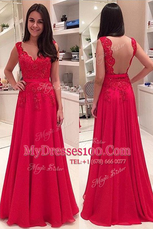 Stylish Red Sleeveless Lace Floor Length Homecoming Dress
