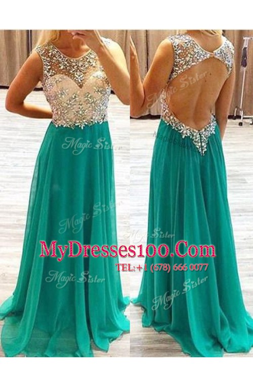 Scoop Floor Length A-line Sleeveless Green Prom Party Dress Backless
