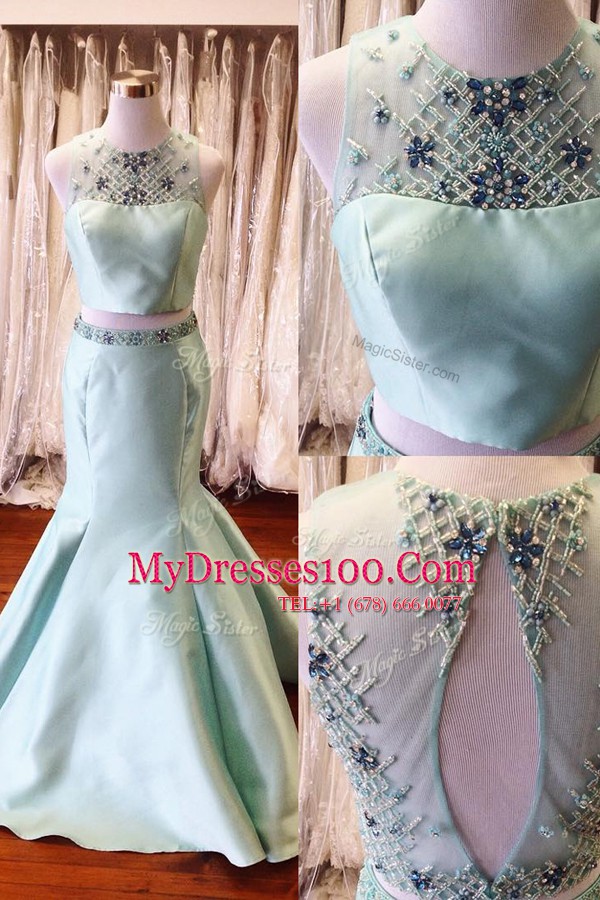 Mermaid Scoop Light Blue Sleeveless Beading and Sashes ribbons Floor Length Prom Gown
