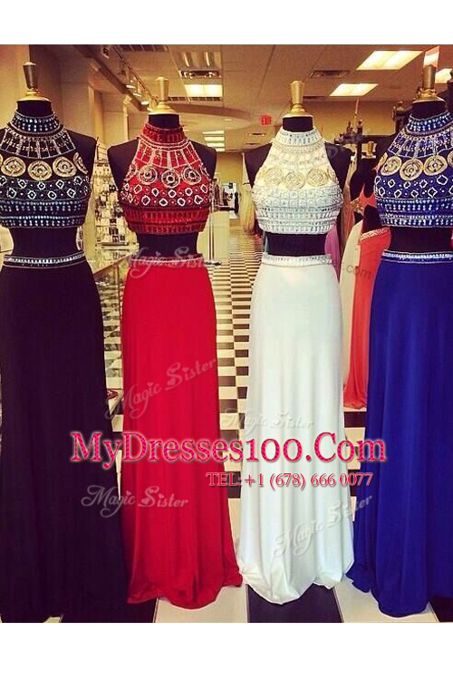 Halter Top Sleeveless Zipper Floor Length Beading and Appliques Junior Homecoming Dress