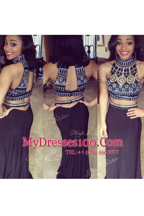 Halter Top Sleeveless Zipper Floor Length Beading and Appliques Junior Homecoming Dress