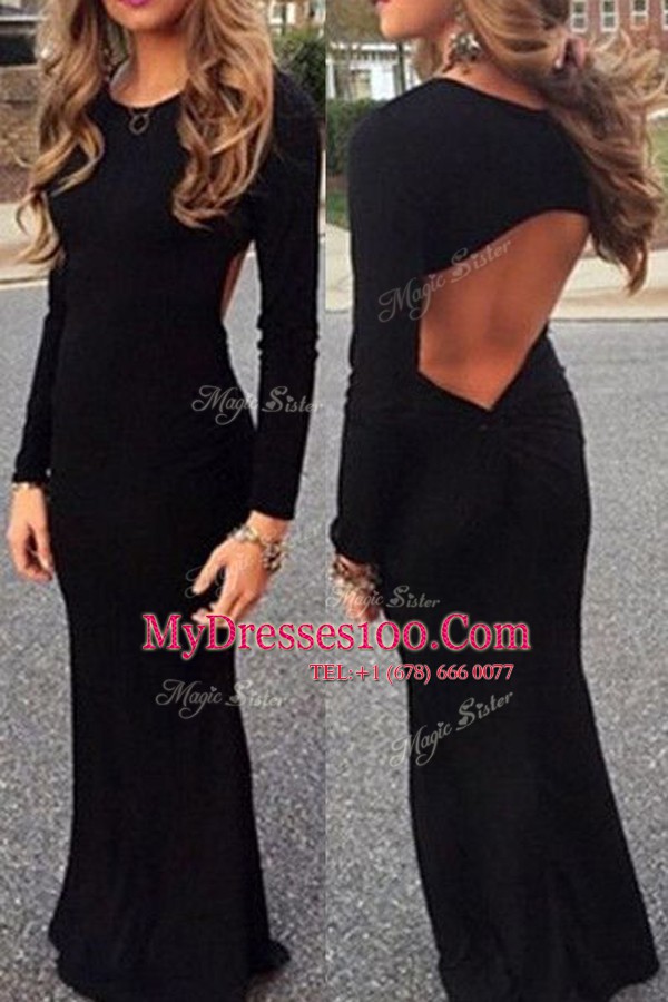 Mermaid Prom Dresses Black Scoop Elastic Woven Satin Long Sleeves Floor Length Backless