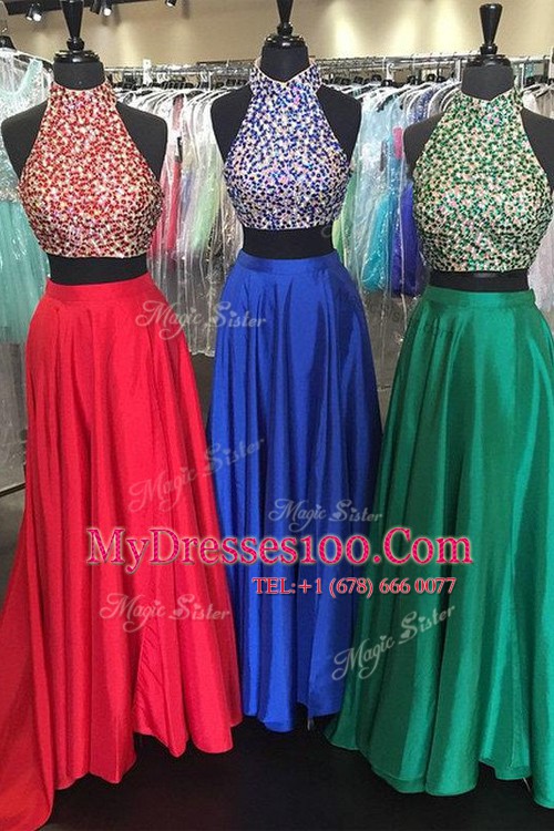 Red A-line Scoop Sleeveless Chiffon Floor Length Backless Beading Prom Party Dress