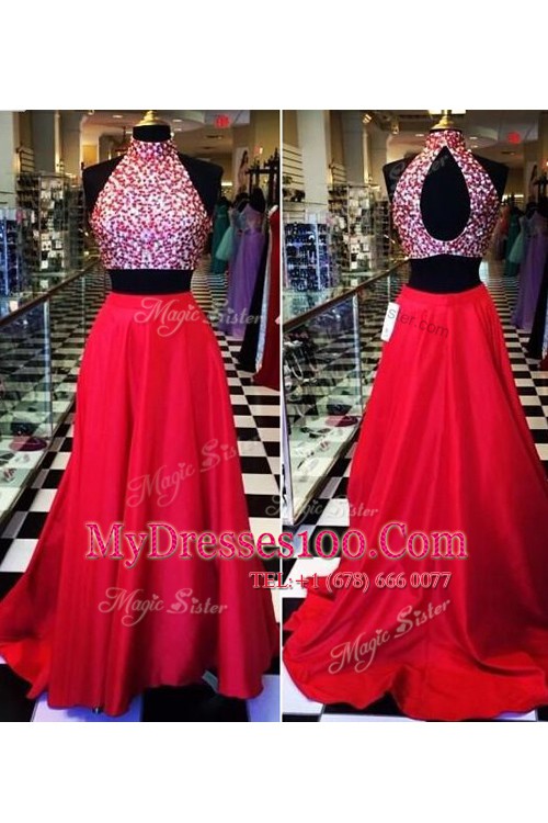 Red A-line Scoop Sleeveless Chiffon Floor Length Backless Beading Prom Party Dress