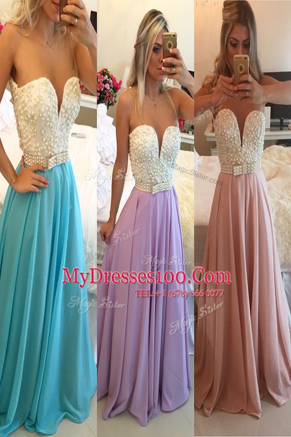 Fabulous Beading Prom Party Dress Blue Clasp Handle Sleeveless Floor Length
