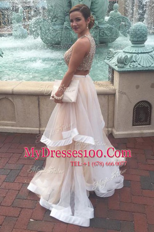 Champagne A-line Scoop Sleeveless Tulle Floor Length Zipper Sequins Homecoming Dress
