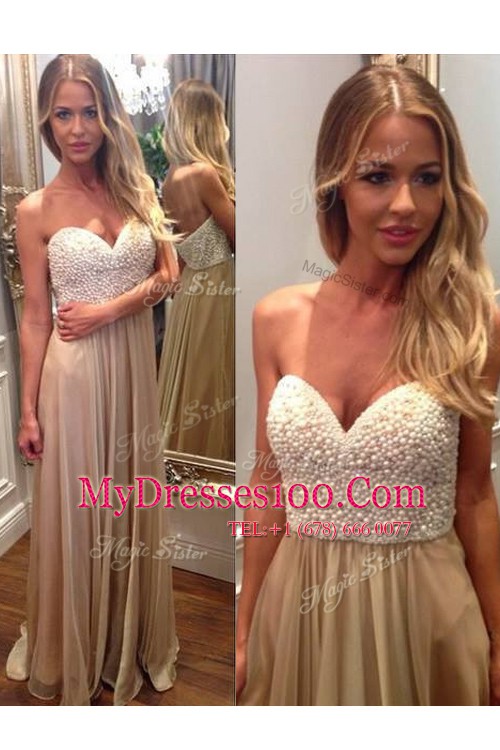 Champagne Sweetheart Neckline Beading and Ruching Juniors Evening Dress Sleeveless Zipper