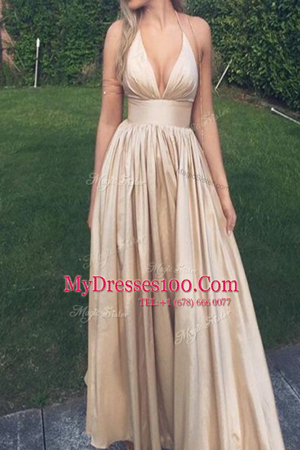 Superior Halter Top Champagne Taffeta Zipper Prom Dress Sleeveless Floor Length Ruching