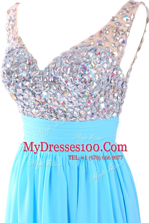 Deluxe Beading Prom Party Dress Aqua Blue Zipper Sleeveless Floor Length