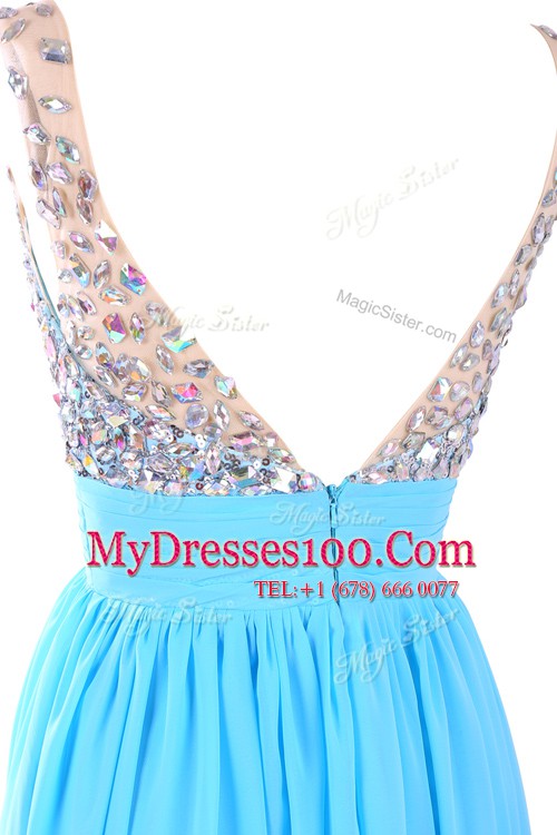 Deluxe Beading Prom Party Dress Aqua Blue Zipper Sleeveless Floor Length