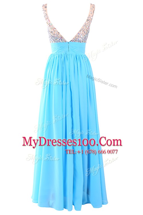 Deluxe Beading Prom Party Dress Aqua Blue Zipper Sleeveless Floor Length