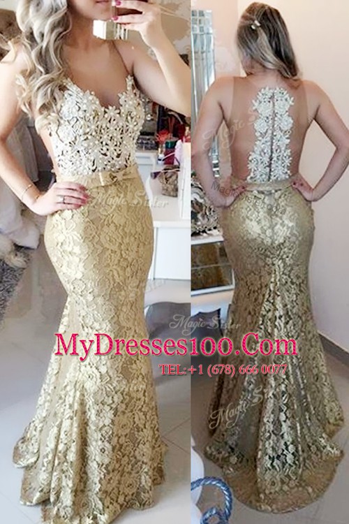 Smart Mermaid Gold Sleeveless Lace Brush Train Zipper Going Out Dresses for Prom and Party