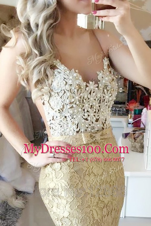 Smart Mermaid Gold Sleeveless Lace Brush Train Zipper Going Out Dresses for Prom and Party