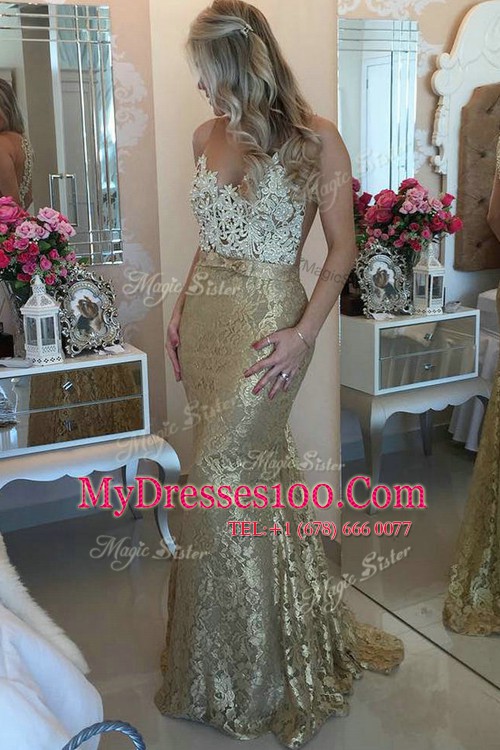 Smart Mermaid Gold Sleeveless Lace Brush Train Zipper Going Out Dresses for Prom and Party