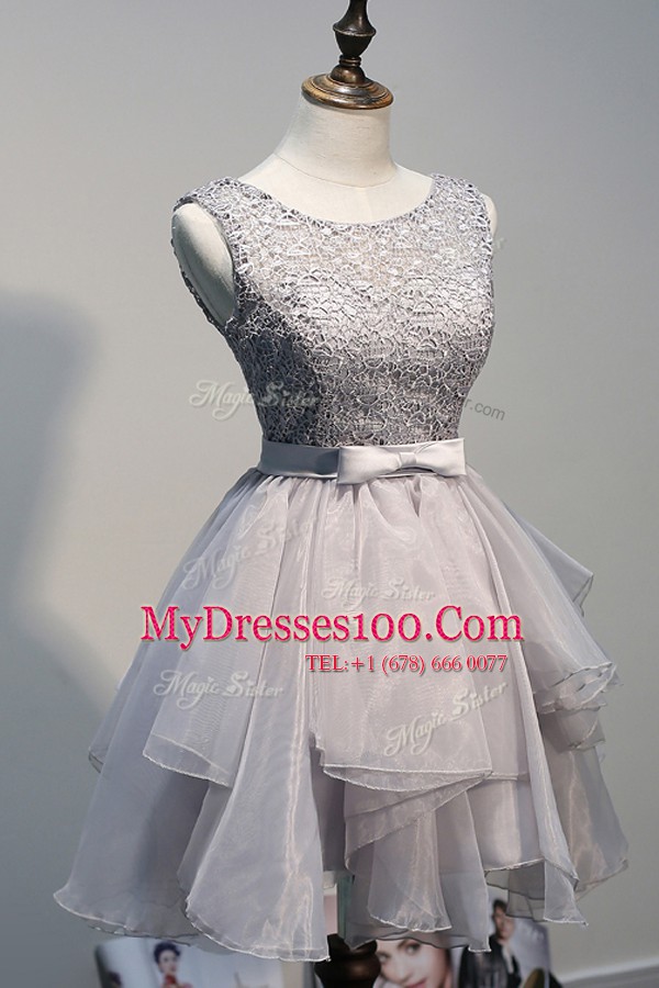 Scoop Sleeveless Organza and Lace Knee Length Lace Up Prom Evening Gown in Grey with Beading