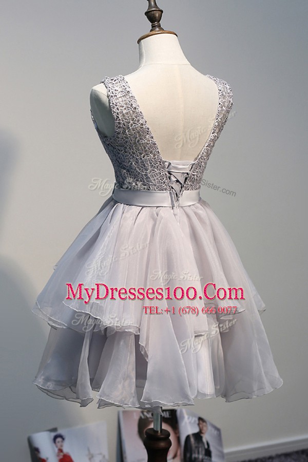 Scoop Sleeveless Organza and Lace Knee Length Lace Up Prom Evening Gown in Grey with Beading
