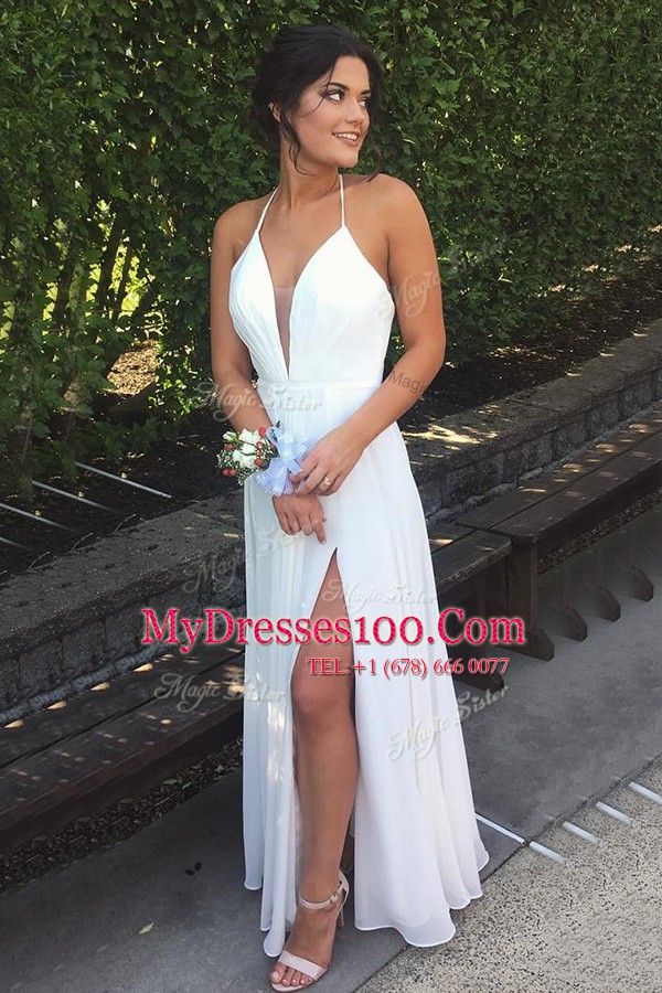 Halter Top White Sleeveless Pleated Floor Length Dress for Prom