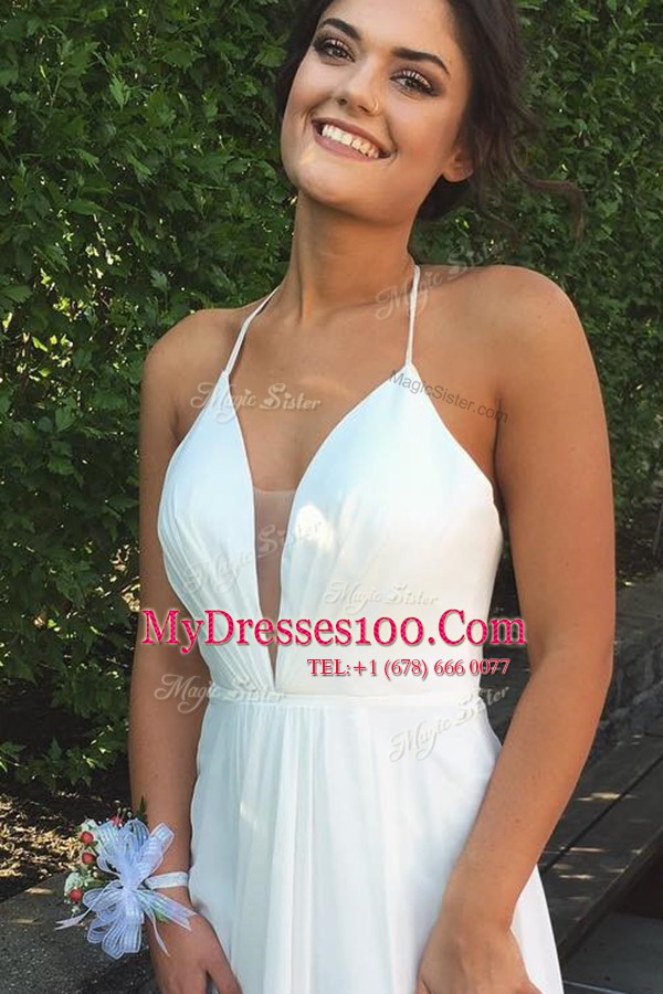 Halter Top White Sleeveless Pleated Floor Length Dress for Prom