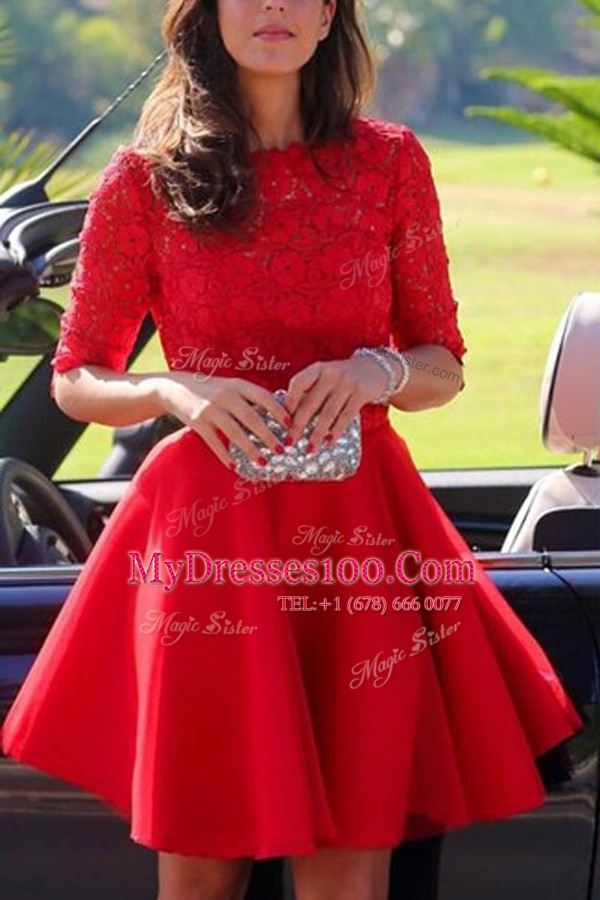 Cute Halter Top Half Sleeves Backless Cocktail Dresses Red Lace