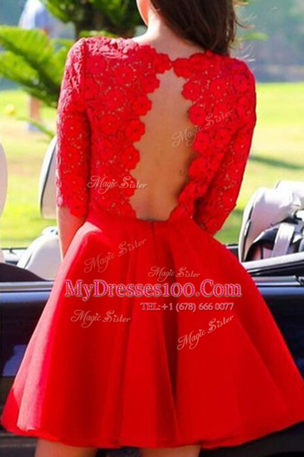 Cute Halter Top Half Sleeves Backless Cocktail Dresses Red Lace