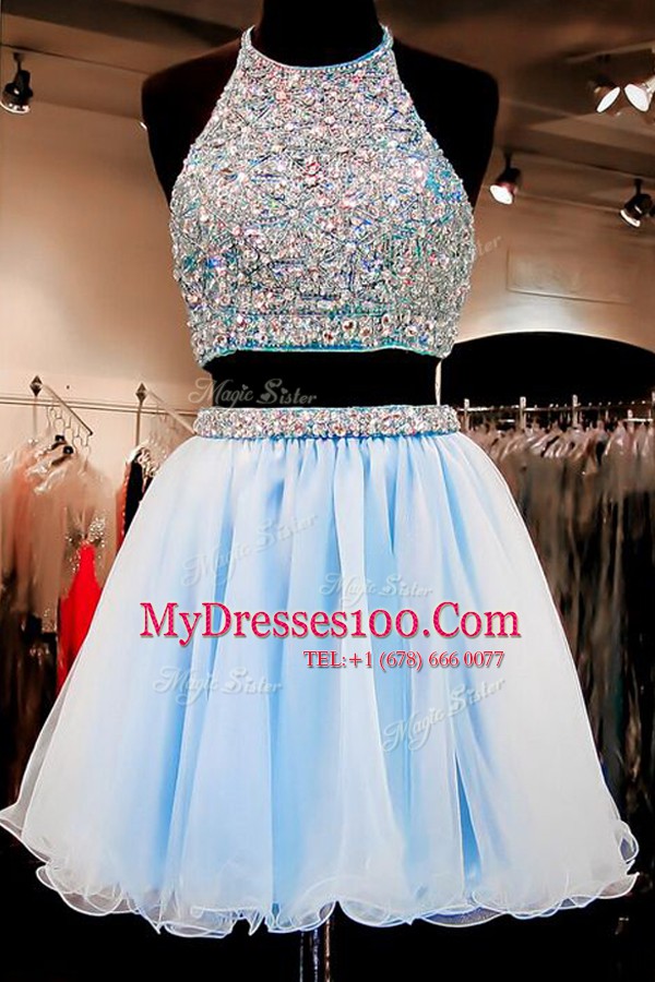 Light Blue Halter Top Neckline Beading Sleeveless Backless