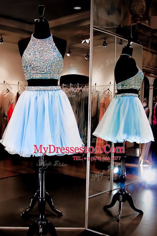 Light Blue Halter Top Neckline Beading Sleeveless Backless