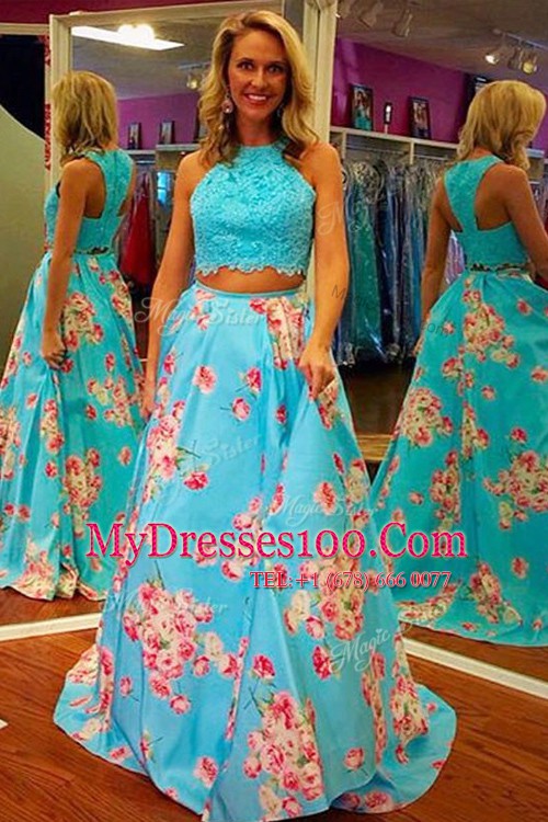 Dazzling Halter Top Sleeveless Sweep Train Lace and Embroidery Zipper Prom Party Dress