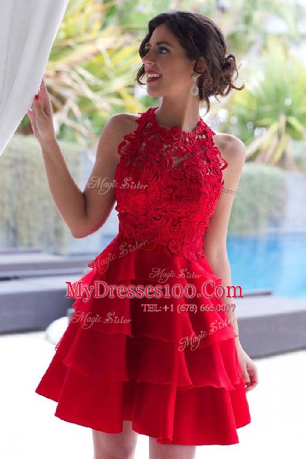 Wonderful Halter Top Knee Length Zipper Dress for Prom Red for Prom and Party with Lace and Ruffled Layers