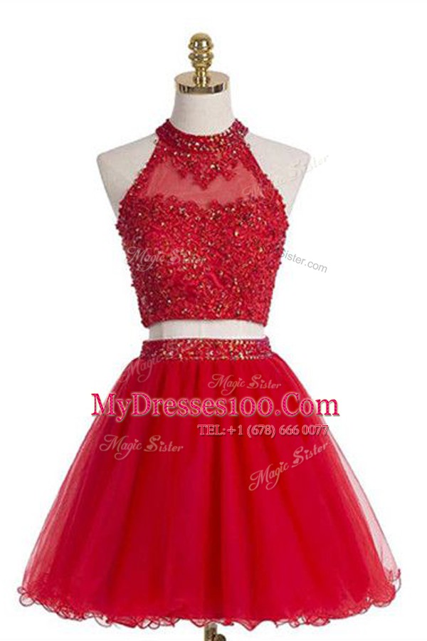 Attractive Halter Top Sleeveless Knee Length Beading Zipper Homecoming Dress with Red
