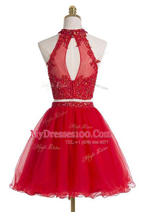 Attractive Halter Top Sleeveless Knee Length Beading Zipper Homecoming Dress with Red