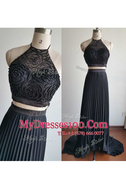 Halter Top Sleeveless With Train Beading Zipper with Black Court Train