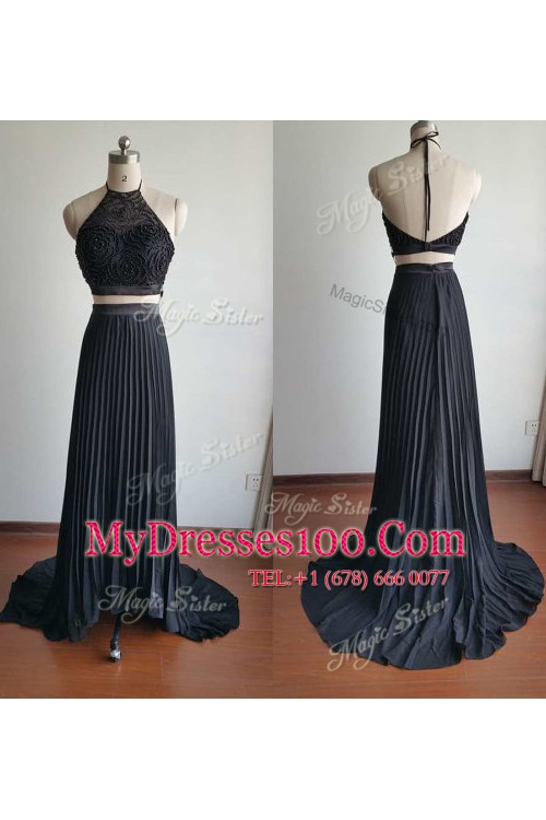 Halter Top Sleeveless With Train Beading Zipper with Black Court Train