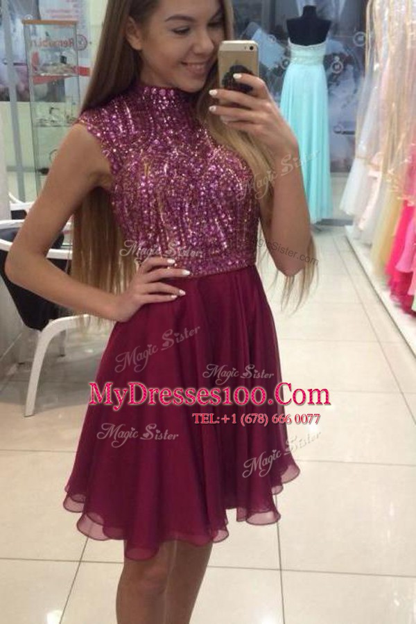 Fabulous Fuchsia Halter Top Neckline Beading Dress for Prom Sleeveless Zipper