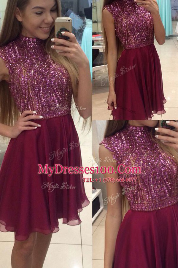Fabulous Fuchsia Halter Top Neckline Beading Dress for Prom Sleeveless Zipper