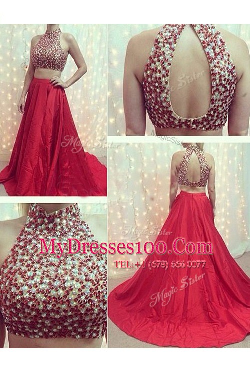 Decent Red Sleeveless Elastic Woven Satin Court Train Backless for Prom and Party