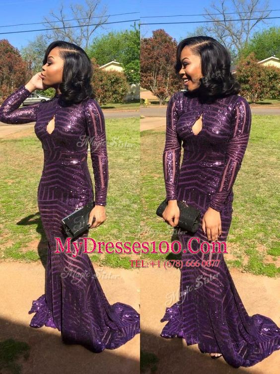 Latest Mermaid Eggplant Purple Zipper Dress for Prom Sequins Long Sleeves Sweep Train