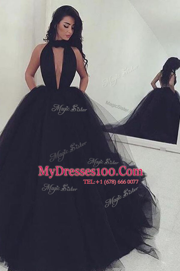Wonderful Black Backless Military Ball Gown Ruching Sleeveless With Train Sweep Train