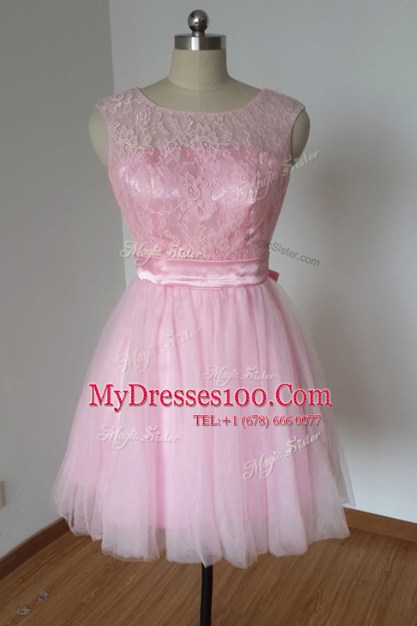 Pink Tulle and Lace Backless Scoop Sleeveless Knee Length Prom Dress Lace and Bowknot