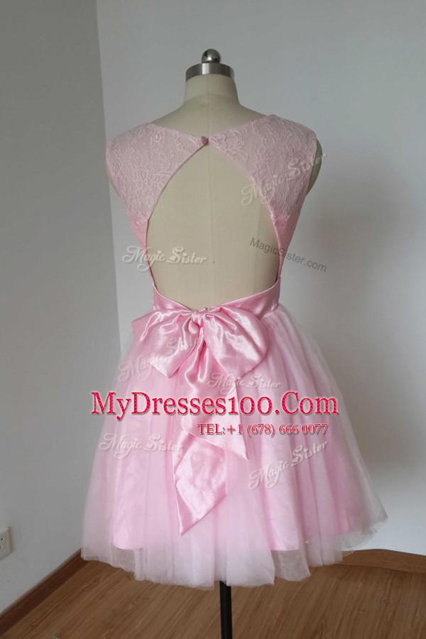 Pink Tulle and Lace Backless Scoop Sleeveless Knee Length Prom Dress Lace and Bowknot