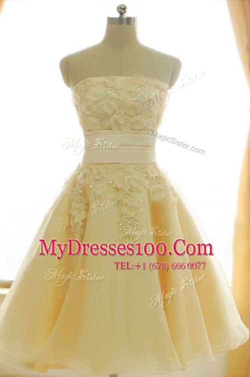 A-line Homecoming Dress Yellow Strapless Satin and Chiffon Sleeveless Knee Length Zipper