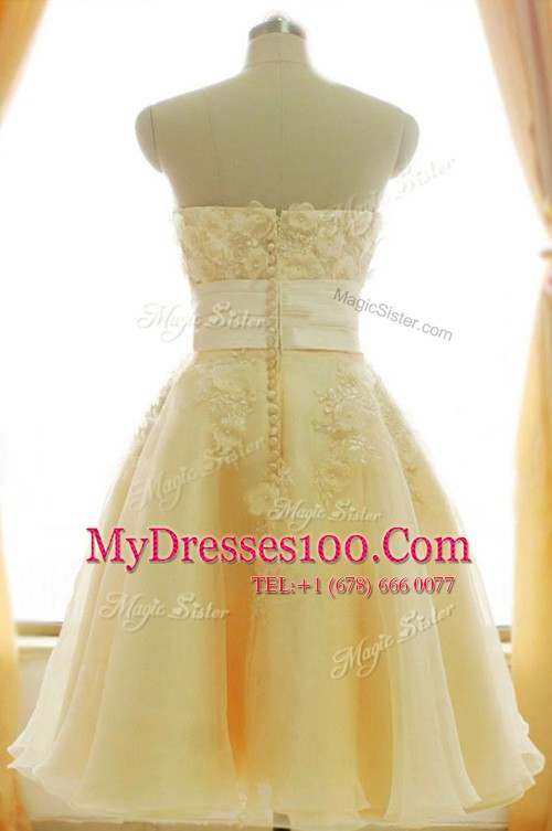 A-line Homecoming Dress Yellow Strapless Satin and Chiffon Sleeveless Knee Length Zipper