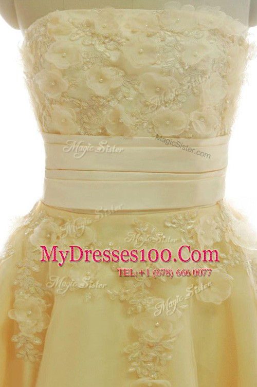A-line Homecoming Dress Yellow Strapless Satin and Chiffon Sleeveless Knee Length Zipper