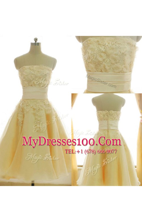 A-line Homecoming Dress Yellow Strapless Satin and Chiffon Sleeveless Knee Length Zipper