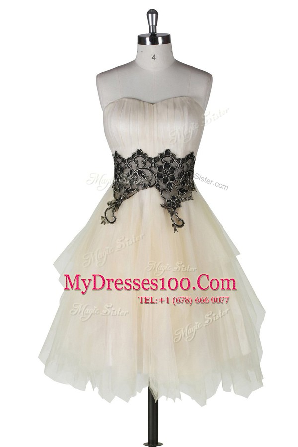 Champagne Tulle Zipper Strapless Sleeveless Knee Length Casual Dresses Appliques