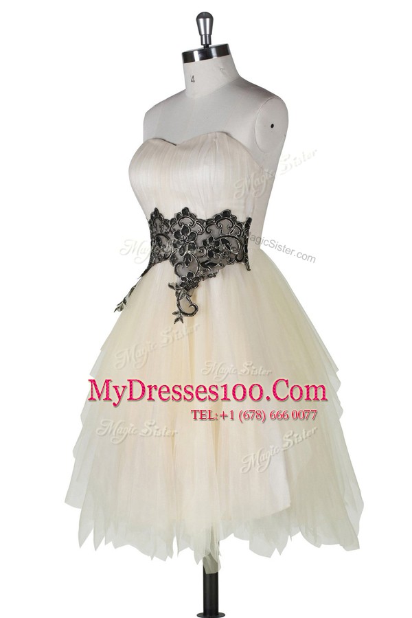 Champagne Tulle Zipper Strapless Sleeveless Knee Length Casual Dresses Appliques