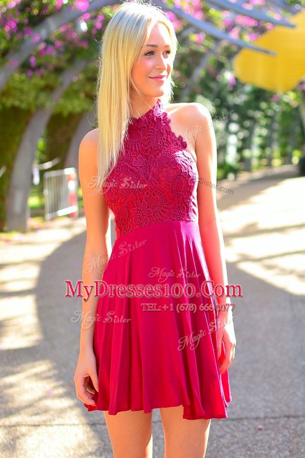 Halter Top Sleeveless Zipper Prom Homecoming Dress Hot Pink Chiffon