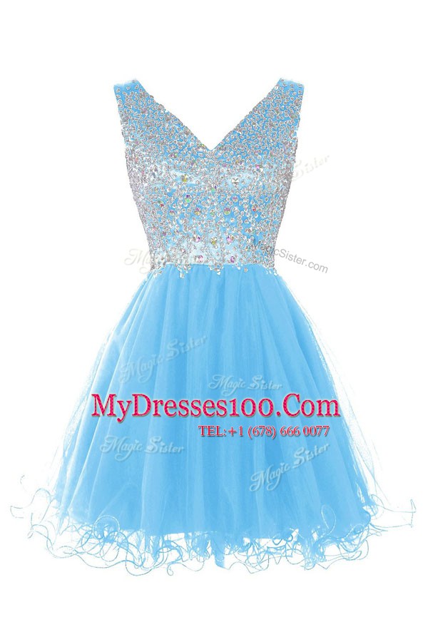New Arrival Knee Length Zipper Evening Dresses Baby Blue for Prom and Party with Beading