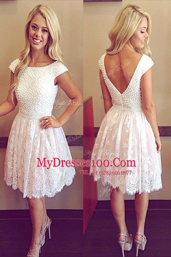 White Prom Gown Prom and Party and For with Lace Scoop Cap Sleeves Zipper