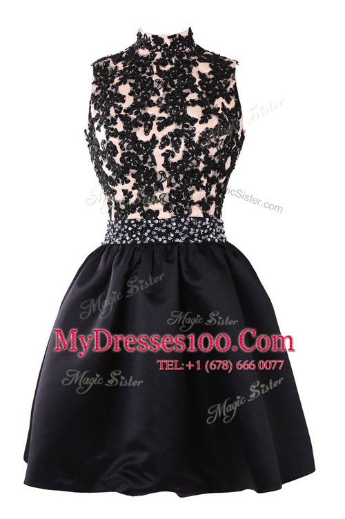 High End Black Satin Backless Evening Dress Sleeveless Knee Length Beading and Appliques