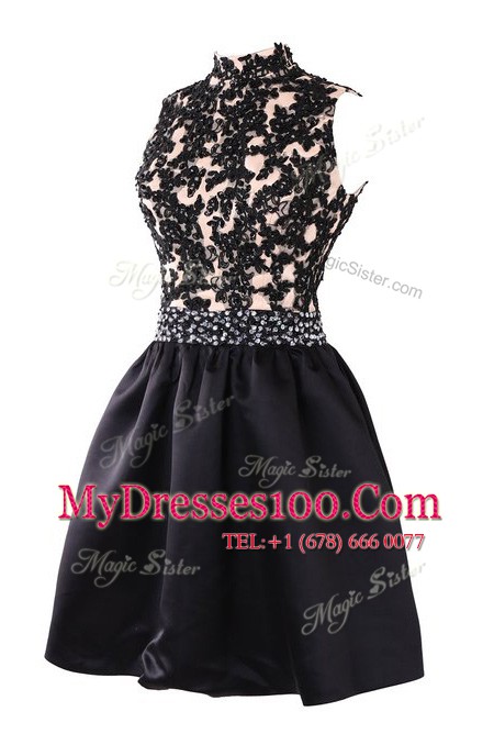 High End Black Satin Backless Evening Dress Sleeveless Knee Length Beading and Appliques